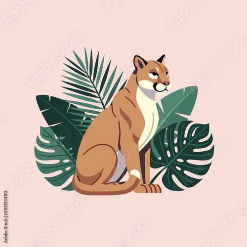 Photography A detailed illustration of a large wild cat with tropical plant leaves