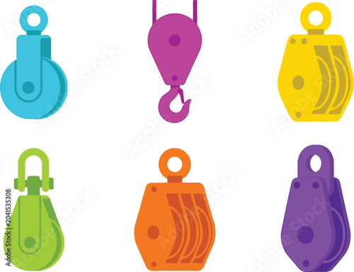 Foto Collection of colorful pulley blocks and lifting mechanisms flat design vector i