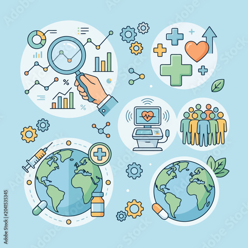 Medical and scientific research concept with charts and world map elements