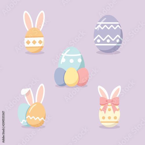 Colorful decorated eggs with bunny ears on a soft purple background