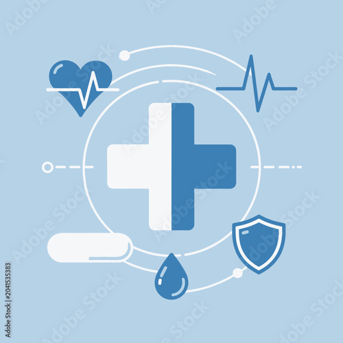 Medical cross symbol with health icons and elements on a light blue background
