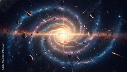 Glowing Hands Holding Small Light in Cosmic Portal