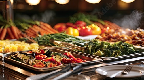 Steaming buffet display of assorted cooked and raw vegetables and starches