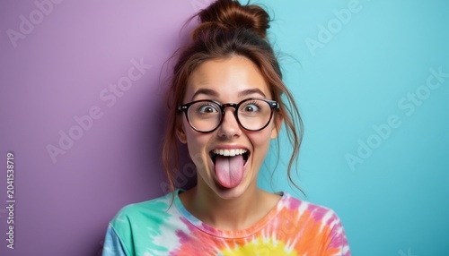 Young woman in glasses sticks out tongue, winks. Tie dye shirt, messy bun, pastel background. Playful face, silly emotion, fun attitude, individuality.