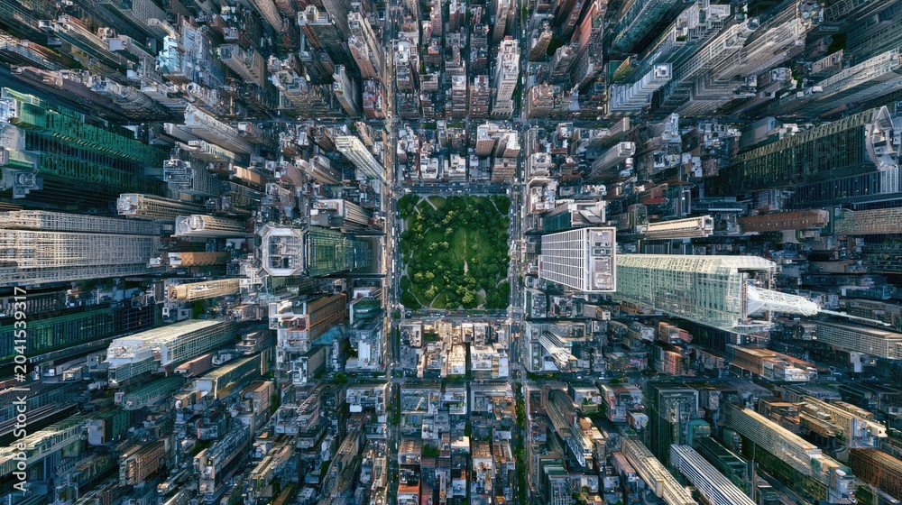 Obraz premium Aerial view of a vast urban landscape with a central green park