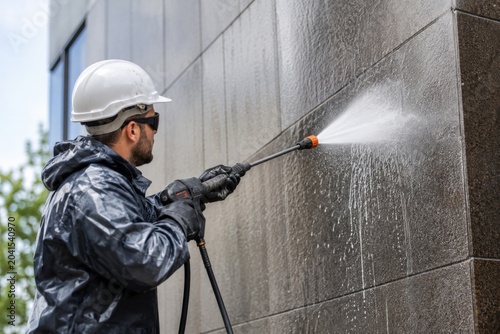 Industrial worker pressure washing a building exterior for maintenance and cleaning
