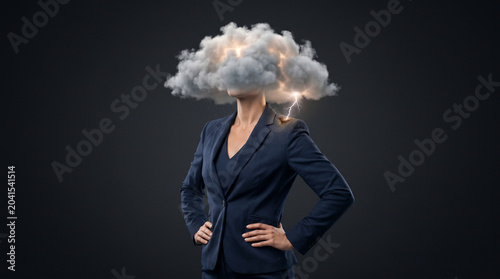 Surreal Portrait of Businesswoman with Storm Cloud Head and Lightning
