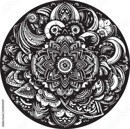 Elegant Mehndi Henna Design in Black and White Traditional Line Art Illustration