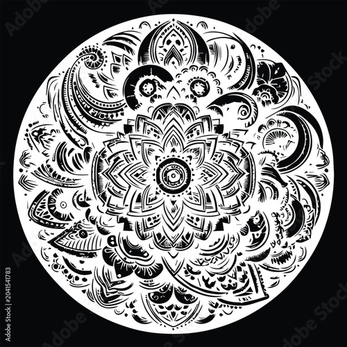 Elegant Mehndi Henna Design in Black and White Traditional Line Art Illustration