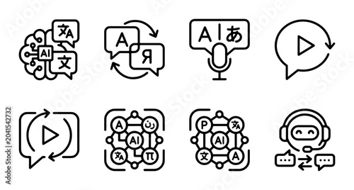 Foto AI Translation Icons Set, Language Learning & Communication Symbols, Speech Reco