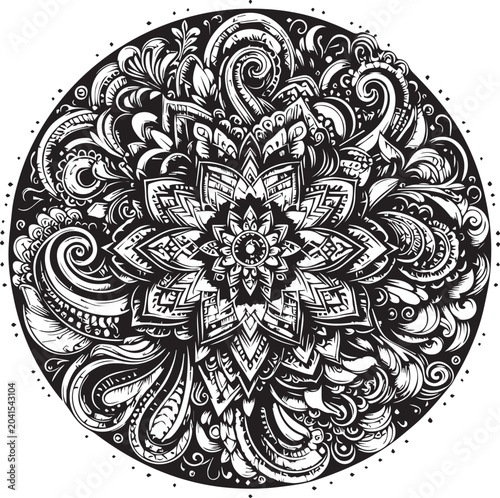 Elegant Mehndi Henna Design in Black and White Traditional Line Art Illustration