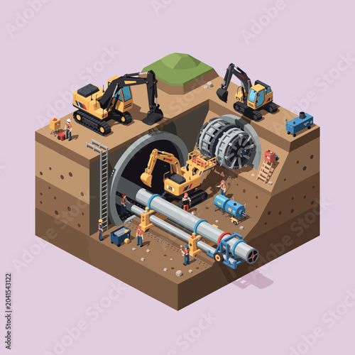 Isometric view of workers building a tunnel with heavy machinery