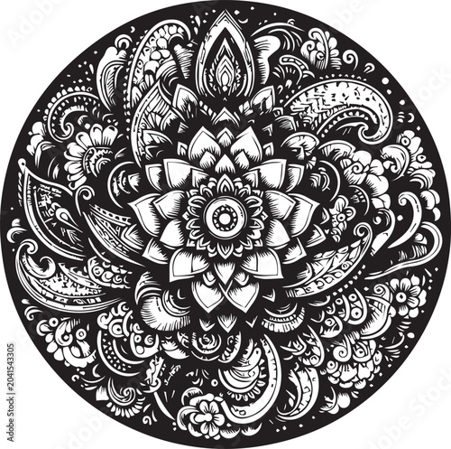 Elegant Mehndi Henna Design in Black and White Traditional Line Art Illustration