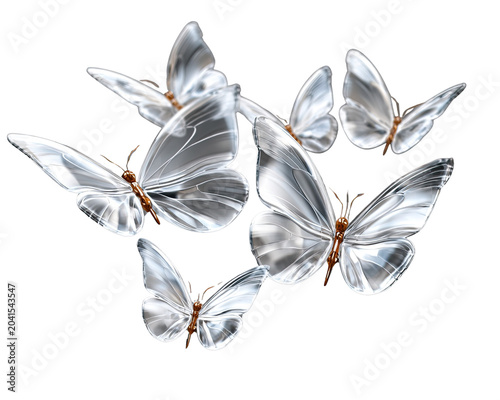 Crystal Butterflies in Flight: A swarm of delicate crystal butterflies takes flight, their iridescent wings shimmering with an ethereal glow, symbolizing transformation and beauty.