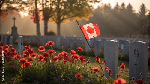 Canadian flag and red poppies at a military cemetery during sunset