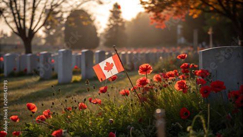 Canadian flag and red poppies at a military cemetery during sunset
