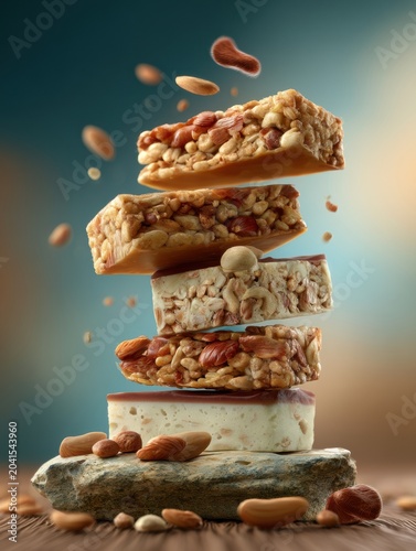 Healthy snack bars are stacked with nuts around them in a well-lit Scandinavian space focusing on balanced nutrition and satiety