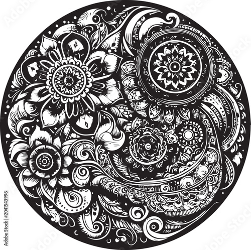 Elegant Mehndi Henna Design in Black and White Traditional Line Art Illustration