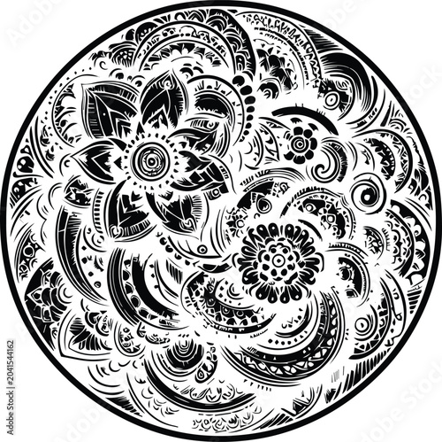 Elegant Mehndi Henna Design in Black and White Traditional Line Art Illustration