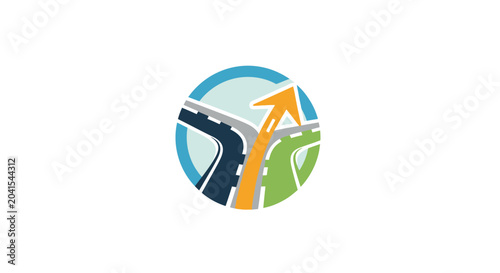 Abstract circular logo icon featuring three converging roads and an upward pointing arrow.