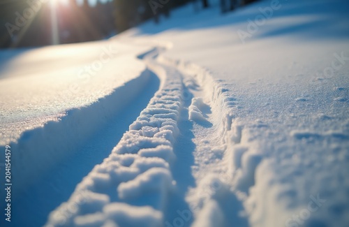 Closeup of ski tracks in fresh snow. Sunlight illuminates the textured surface creating deep shadows and ridges. A clear winter path leads onward.
