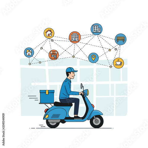 Billede på lærred Delivery man riding a scooter with a box on the back.