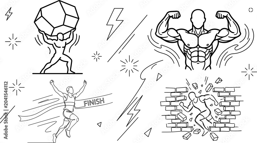 Fototapeta premium Athletic Motivation and Personal Success Icon Set with Strongman Runner and Wall Breakthrough Vector Designs