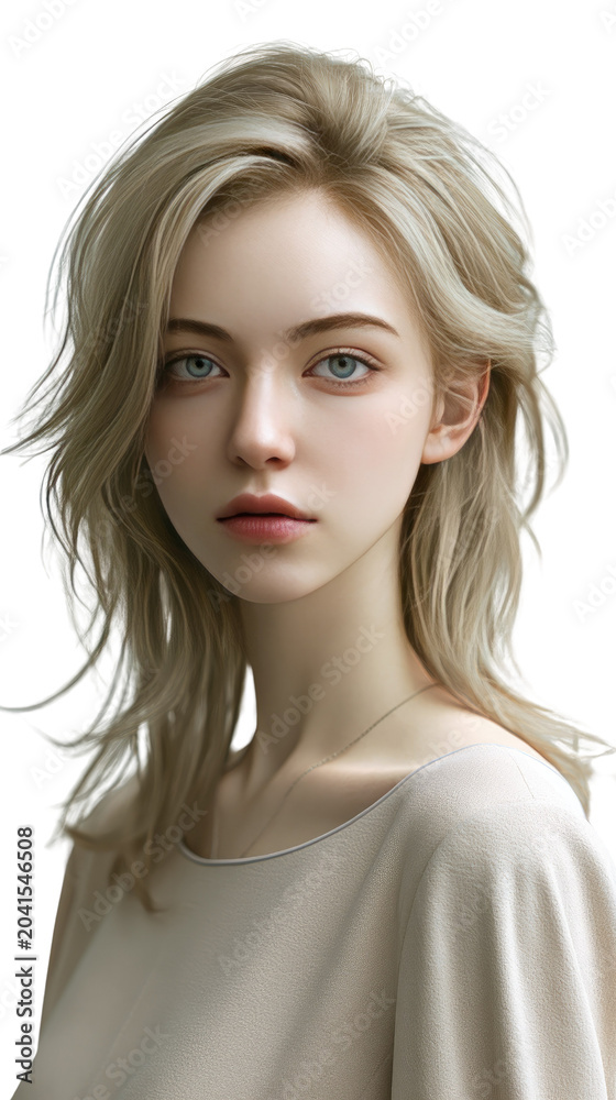 Naklejka premium Blonde Woman Portrait: A young woman with striking blue eyes and flowing blonde hair gazes serenely, her expression calm and contemplative.