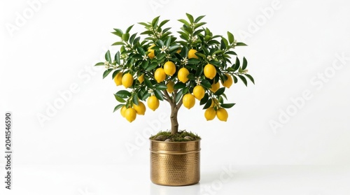 Potted lemon tree with ripe yellow fruit, indoor citrus plant in rustic brass planter, decorative mediterranean fruit tree for home interior isolated PNG with Transparent Background