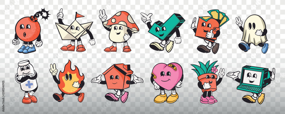 Fototapeta premium Vector of cartoon objects with arms and legs, including a bomb, mushroom, and ghost.