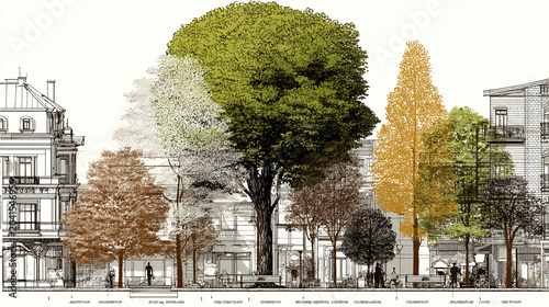 Traditional CAD tree line drawing, side view, with outlined graphic tree elements, modern illustration in stroke fill, suitable for architecture, landscape design, urban planning, and vector projects