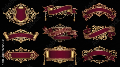 Elegant vintage gold and red banner collection with ornate decorative elements on black background