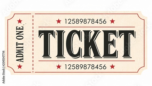 Vintage admit one ticket with serial number and decorative stars on cream background