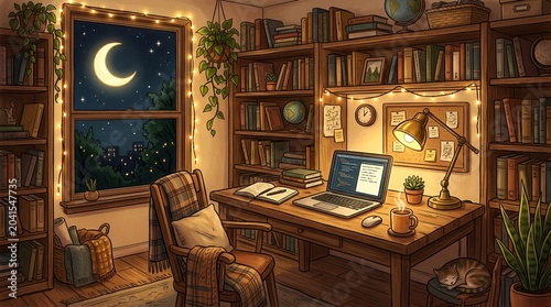 Cozy Study Room at Night with Bookshelves, Desk, Laptop, and Crescent Moon View
