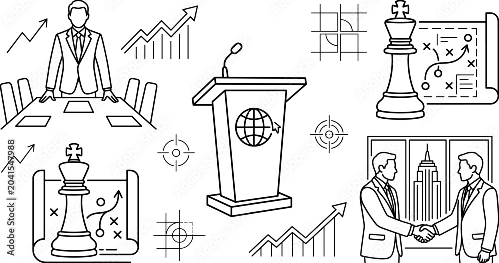 Obraz premium Business Leadership and Strategy Icon Set with Podium Chess Piece and Handshake Line Art Vector Designs