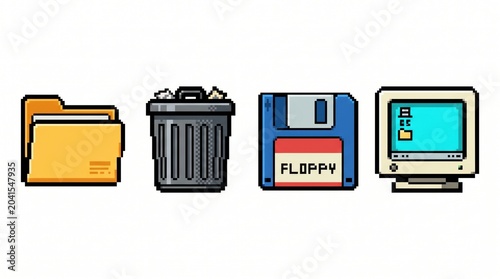 Retro computer icons: folder, trash bin, floppy disk, vintage monitor in pixel art