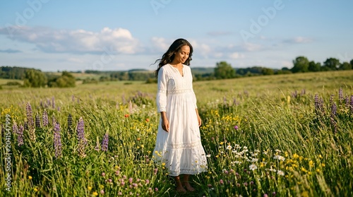 Young woman in white dress walking in a sunlit meadow with wildflowers