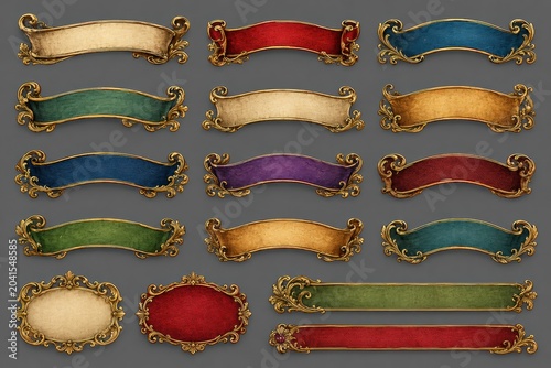 Elegant vintage decorative banners with ornate gold borders in various colors