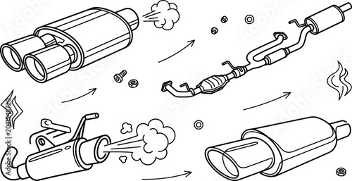 Fotografie Car Exhaust System and Muffler Pipe Line Art Vector Set with Smoke Elements for