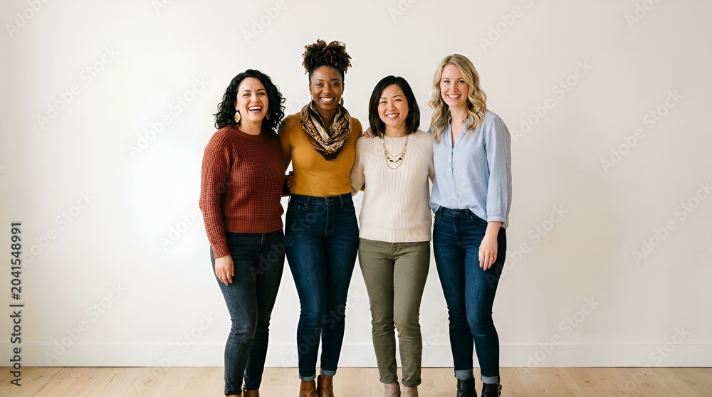 Fototapeta premium Diverse group of four women standing together, smiling, against a white background