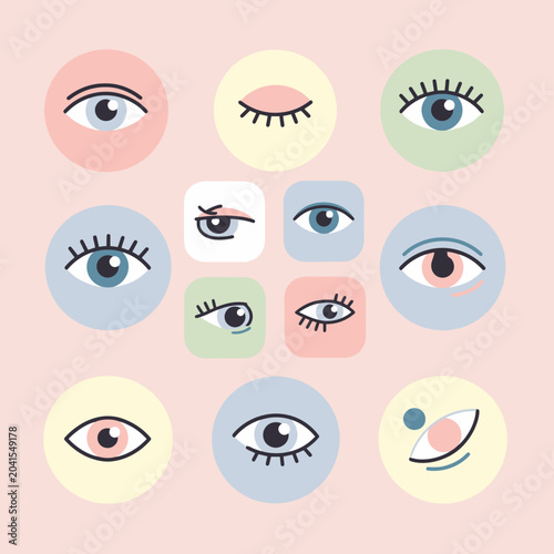A collection of various eye illustrations with different shapes and colors