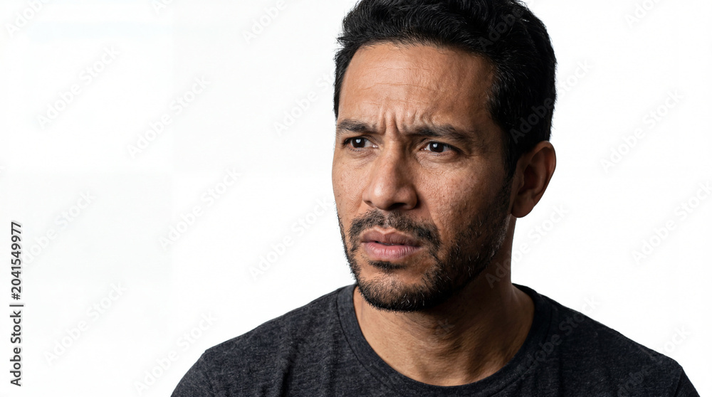 Obraz premium Concerned Middle-Aged Man with Furrowed Brow and Anxious Expression, Studio Portrait of Worried Hispanic Male on White Background
