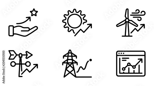 Renewable Energy Growth Icons, Sustainable Power Development Symbols, Solar Wind Electricity Market Trends, Clean Energy Investment Charts, Wind Turbine Weather Data