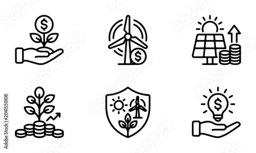 Green Energy Investment Icons, Renewable Power Finance Symbols, Sustainable Business Growth Graphics, Eco-friendly Financial Solutions Vector Set