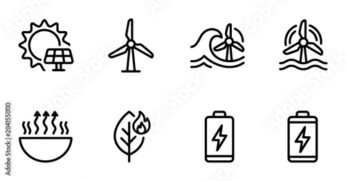 Renewable Energy Icons Set, Solar Power, Wind Turbine, Battery Storage, Geothermal, Biomass, Eco-Friendly Power Generation Vector Graphics