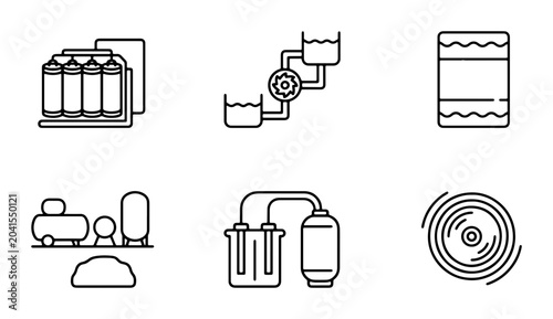 Industrial Equipment Icons Set, Water Filtration System, Air Compressor, Water Treatment Plant, Manufacturing Technology, Engineering Components, Vector Graphics