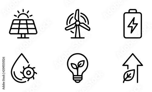 Eco-friendly Energy Icons Set: Solar Panel, Wind Turbine, Battery, Water Power, Lightbulb, Growth Arrow - Renewable Resources & Sustainability Vector Graphics