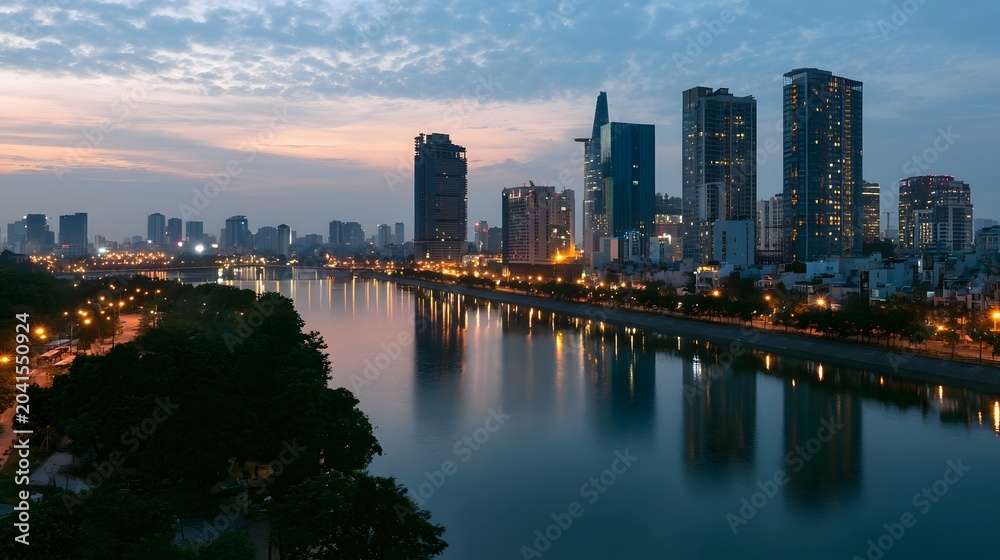 Fototapeta premium A breathtaking view of a modern city skyline reflected in calm water during the atmospheric twilight hours