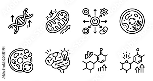 Foto Microscopic Science Icons: DNA, Mitochondria, Cell Biology, Brain, Chemistry Mol