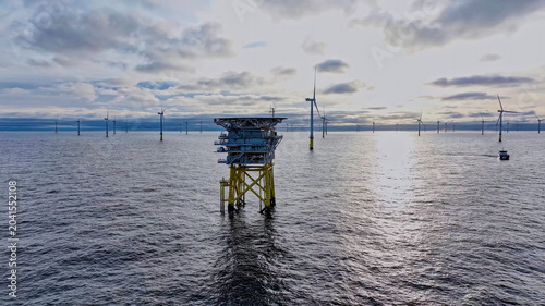 Canvastavla Marine substation surrounded by wind turbines in offshore wind farm